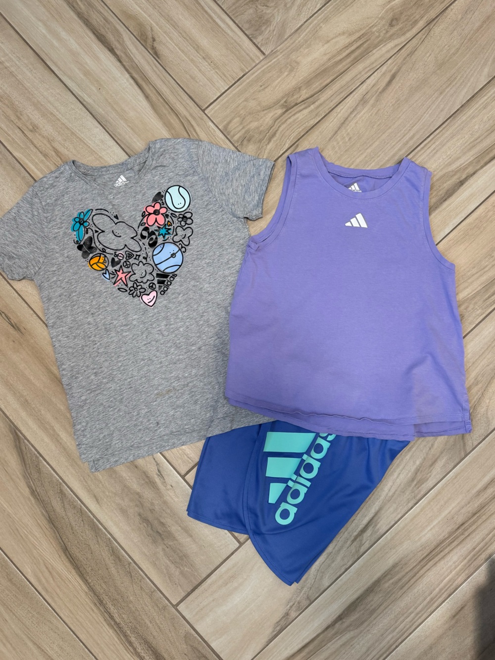 Girls Adidas Purple Tank, Blue Logo Shorts & Grey Heart Graphic Tee Set